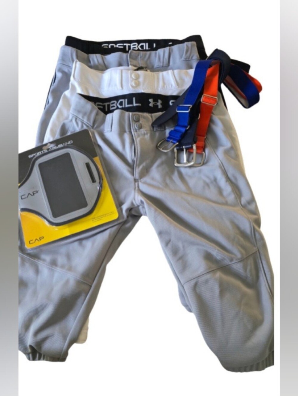 Under Armour Softball Pack, 4 Youth Large (14-16) Pants, 3 Belts, Armband